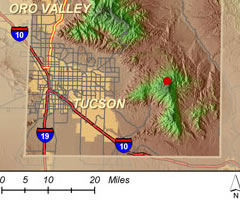 the location of the tree is marked with a red dot on this map of Tucson and the surrounding mountains (map courtesy of the WALTER project)