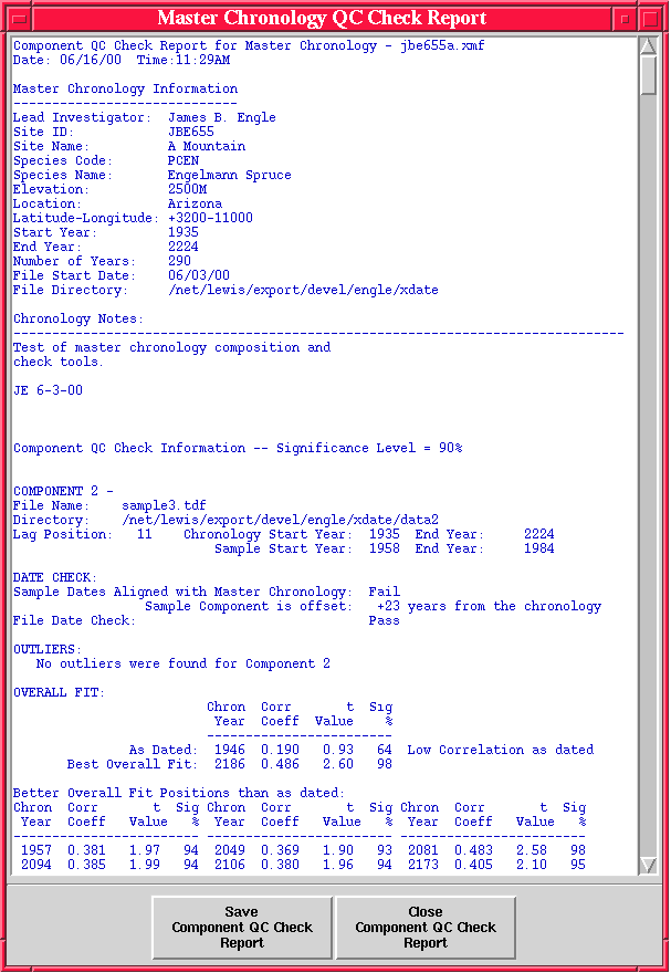 Figure 4.4.1 - Master Chronology Component QC Check Report Display